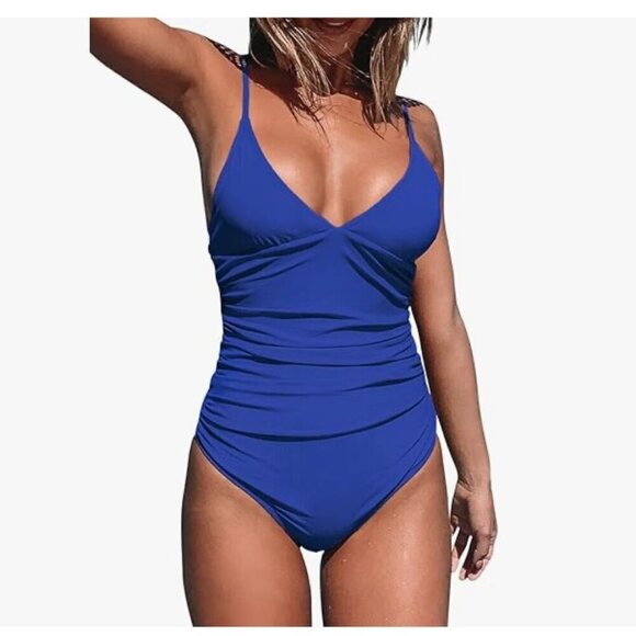 Women's One Piece Swimsuit Tummy Control V Neck Bathing Suits - Picture 2 of 4